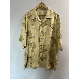 Tommy Bahama 100% Silk Hawaiian Button Down Shirt XL Tan Tropical